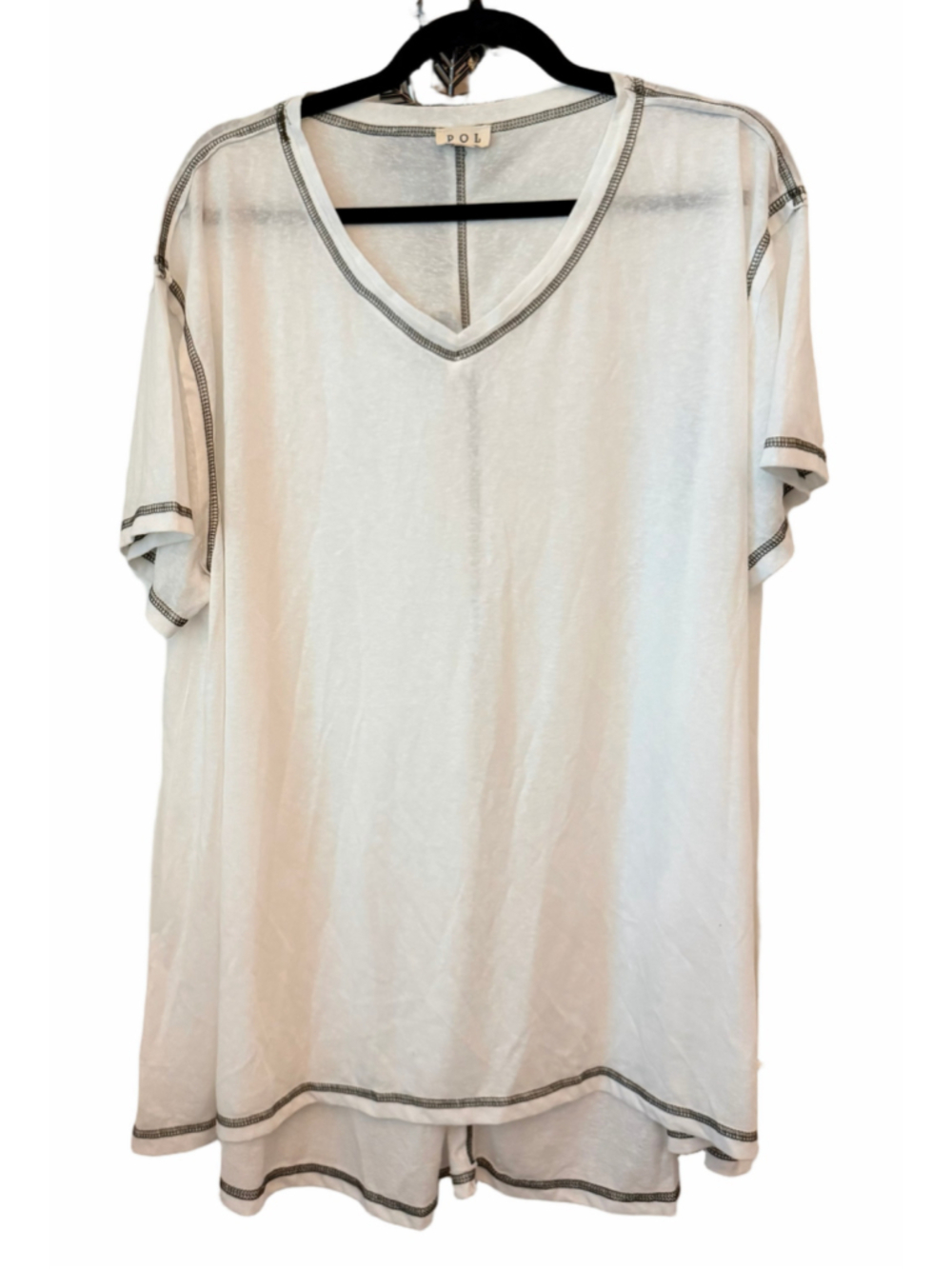 Women's POL Short Sleeve V-Neck Tee, Size L, White with Black Stitching